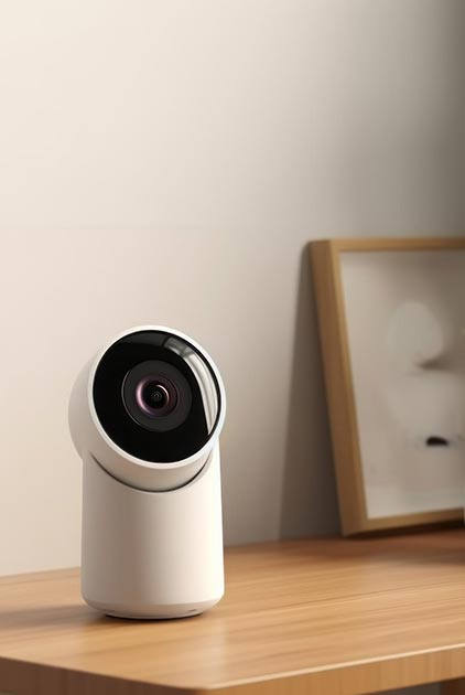 camera de vidéosurveillance sans fil posée sur un meuble de salon