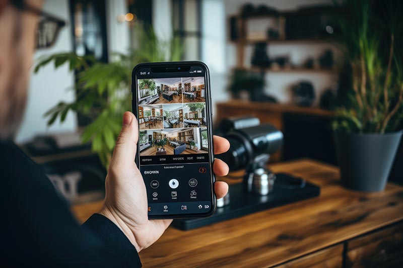 homme tenant un smartphone montrant des images de vidéosurveillance